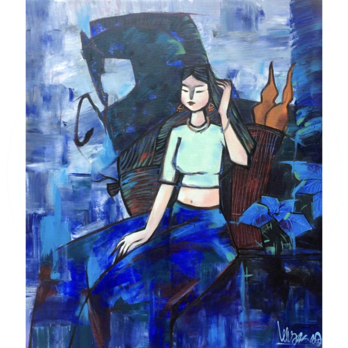 Tranh Acrylic Phong Cảnh Vùng Cao Dừng Chân Bên Suối 60x70cm 