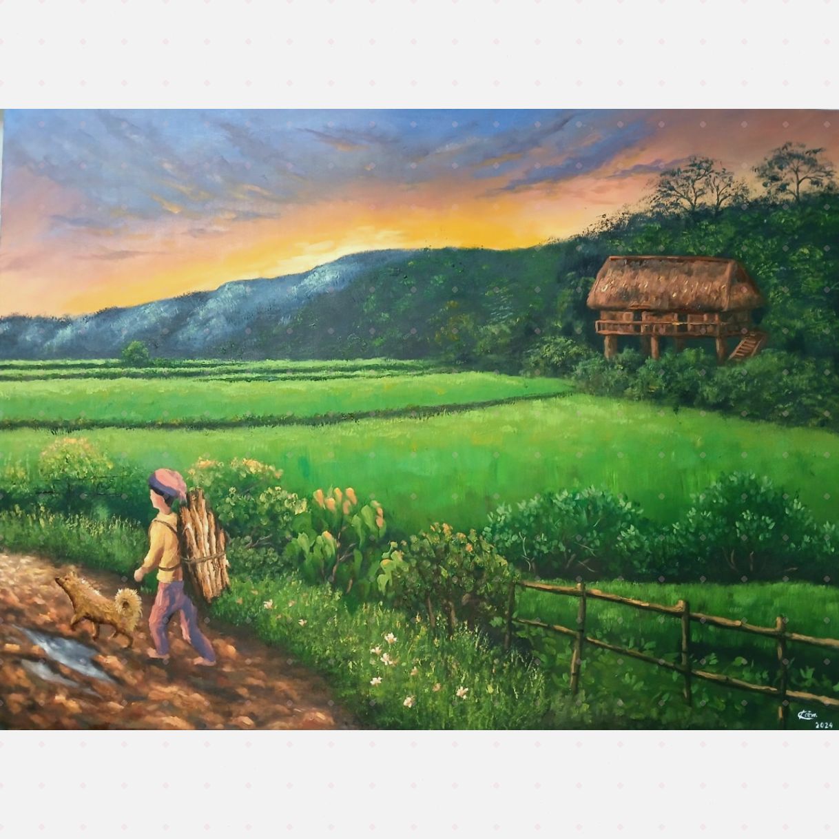Tranh Phong Cảnh Vùng Cao Hoàng Hôn sơn dầu 60x80cm chính hãng 
