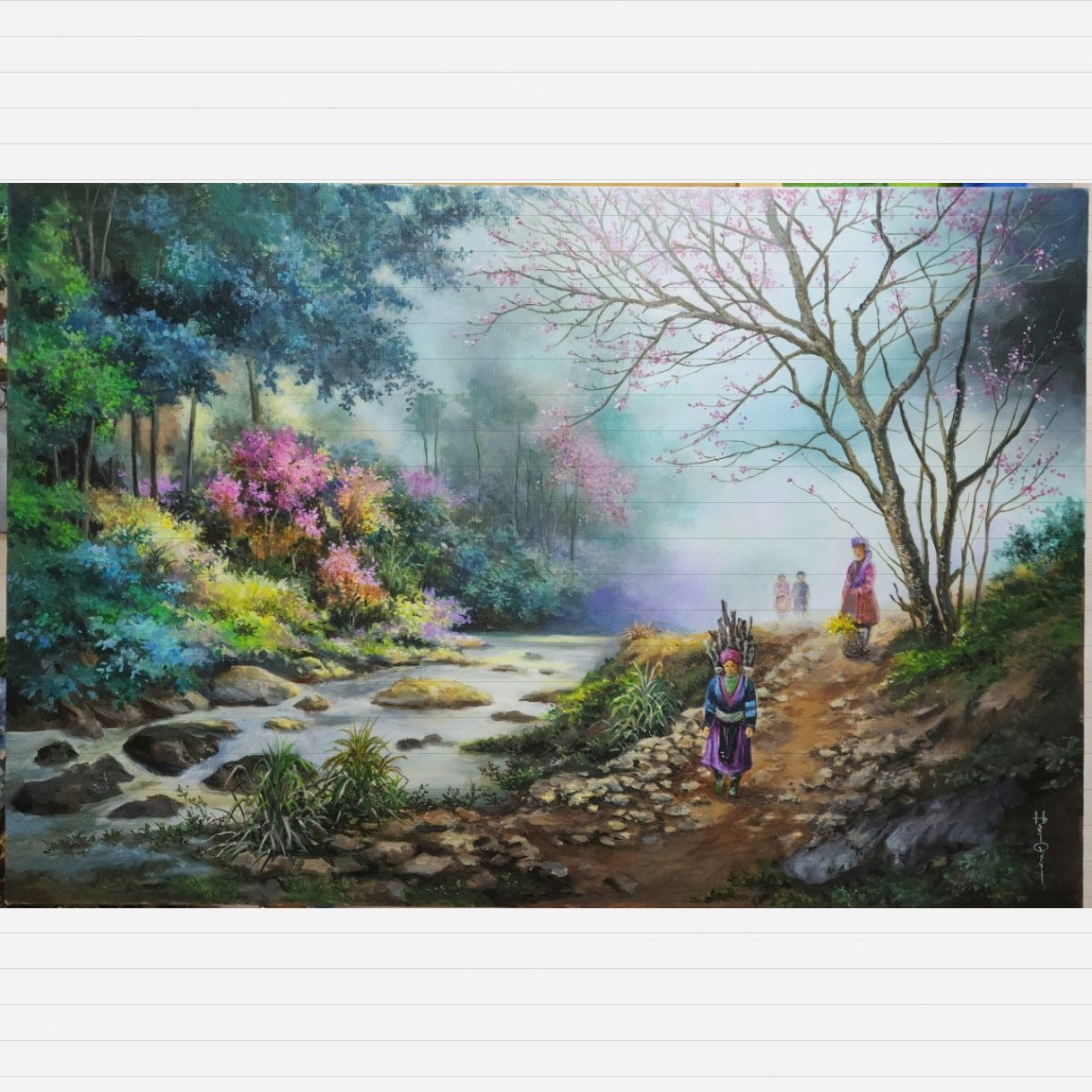 Tranh Phong Cảnh Vùng Cao Xuân Về Bên Suối Acrylic Đẹp 60x90cm 