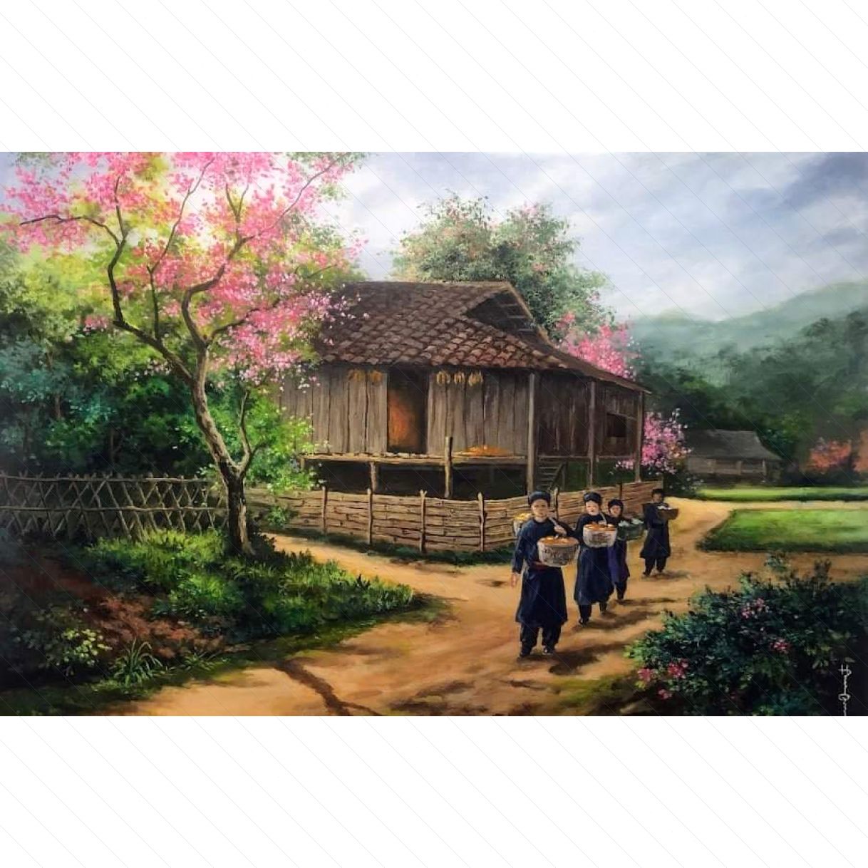 Tranh Phong Cảnh Vùng Cao Xuân về bản Tày acrylic 60x90cm 