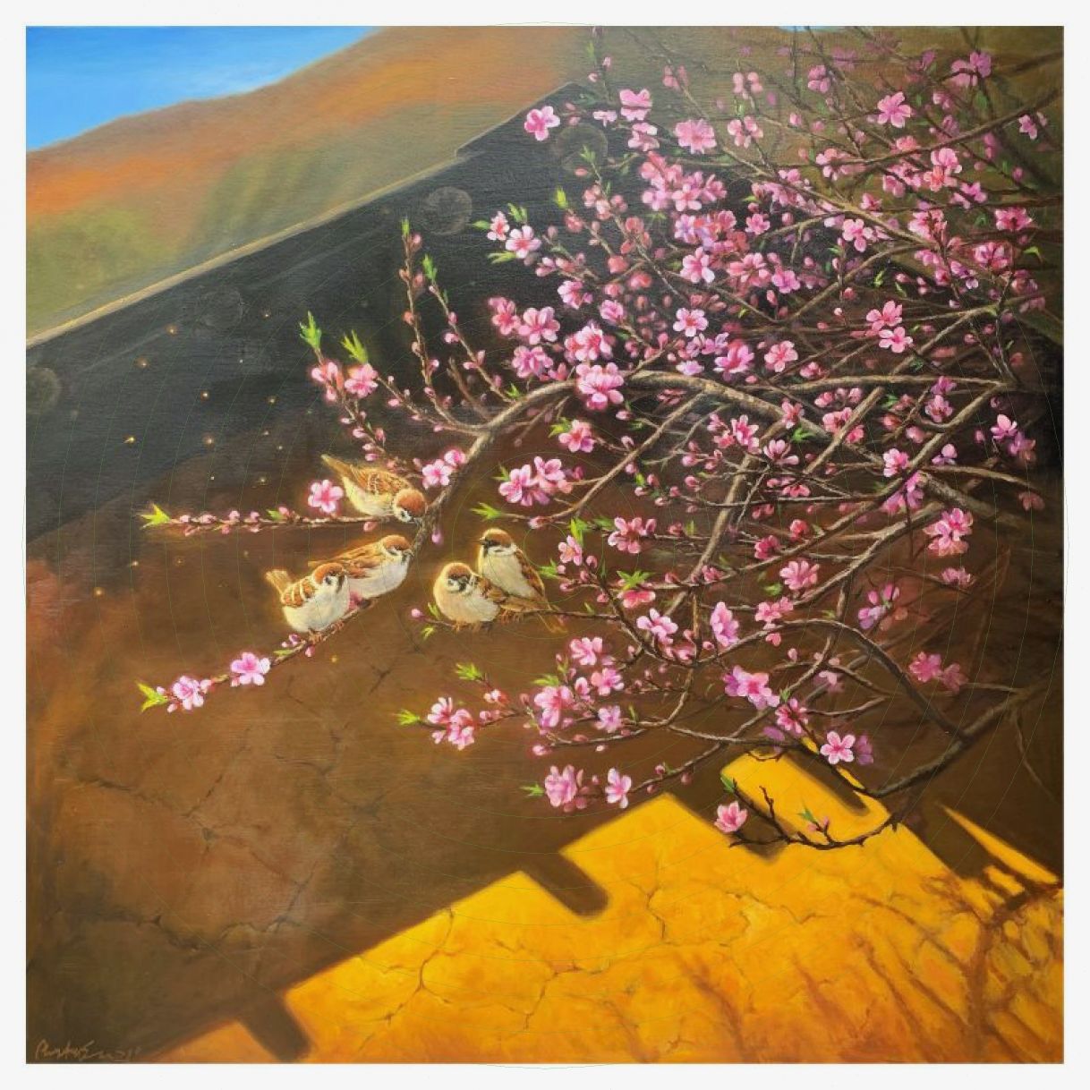 Tranh Phong Cảnh Vùng Cao Hoa Xuân Acrylic 100x100cm Đẹp 