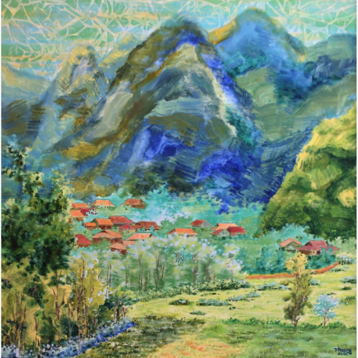 Tranh Phong Cảnh Vùng Cao Thung Lũng Acrylic 85x85cm Có Bằng Quyền 