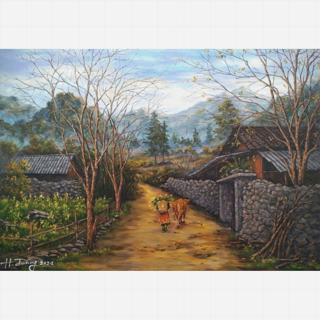 Tranh phong cảnh lặng lẽ đường về acrylic họa sĩ 