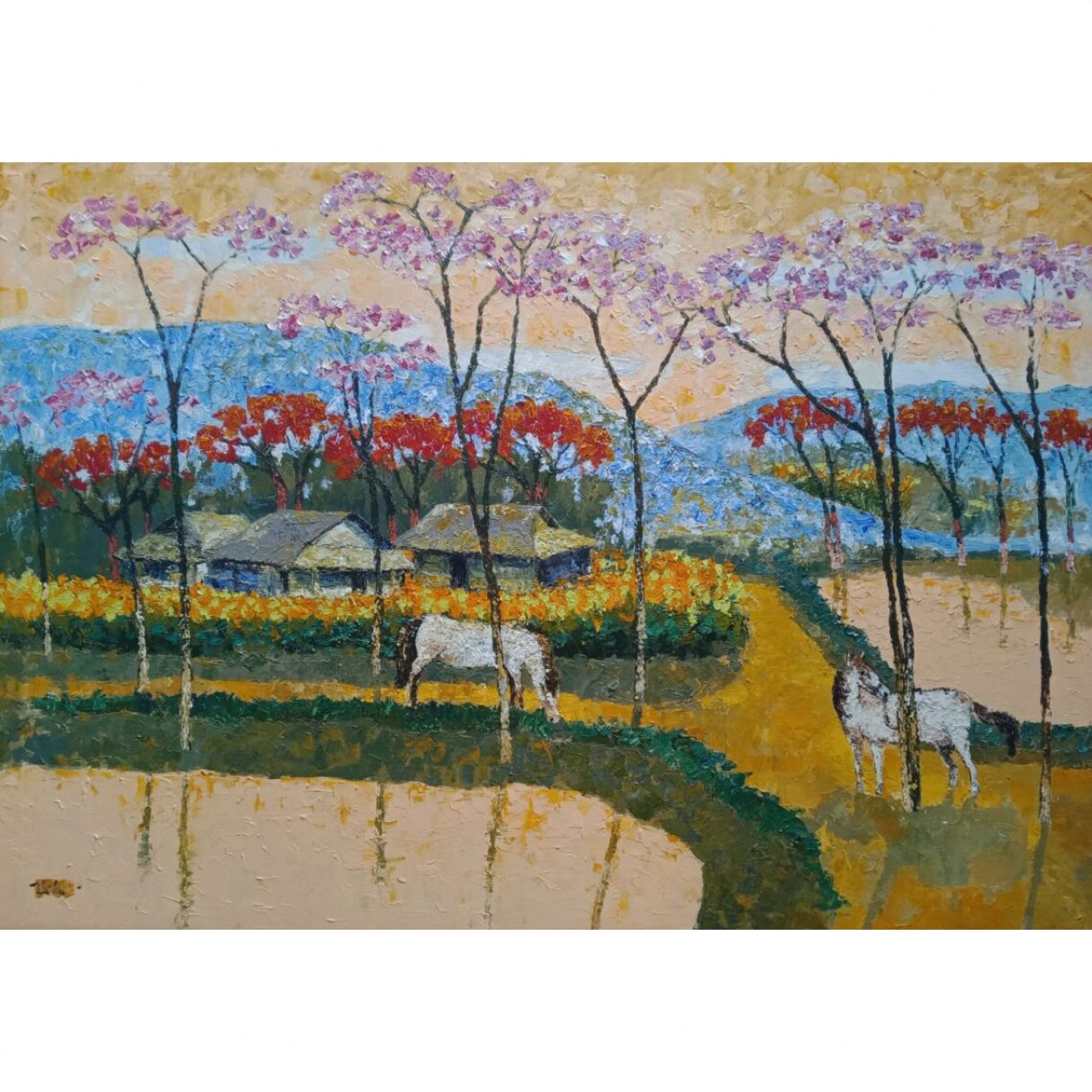 Tranh phong cảnh Phước Sơn mùa xuân acrylic 50x70cm tranh bản quyền họa sĩ 