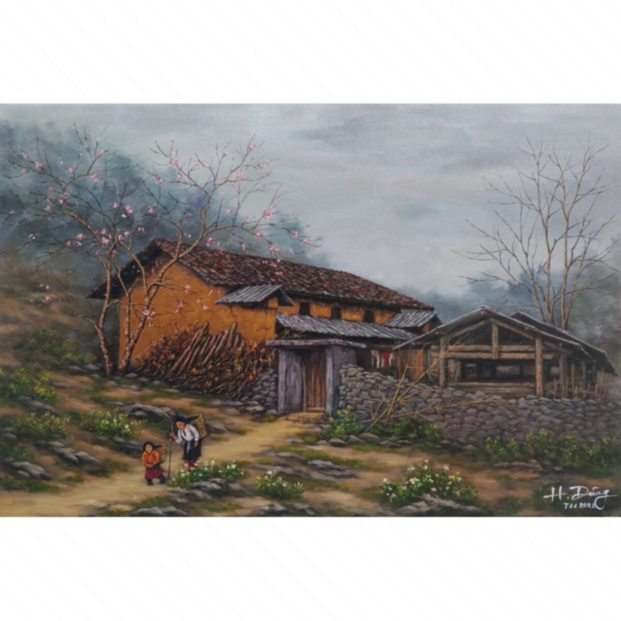 Tranh Phong Cảnh Vùng Cao Đi Chợ Sớm 70x100cm Độc Bản 