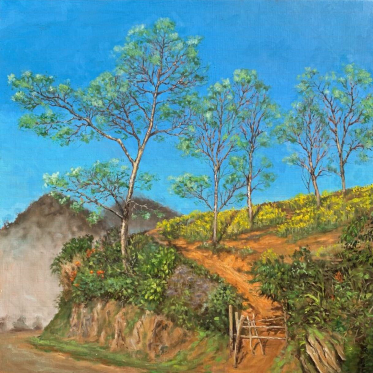 Tranh Sơn Dầu Tháng Ba Lên Nương 80x80cm Độc Bản Họa Sĩ Tặng Kèm Khung 
