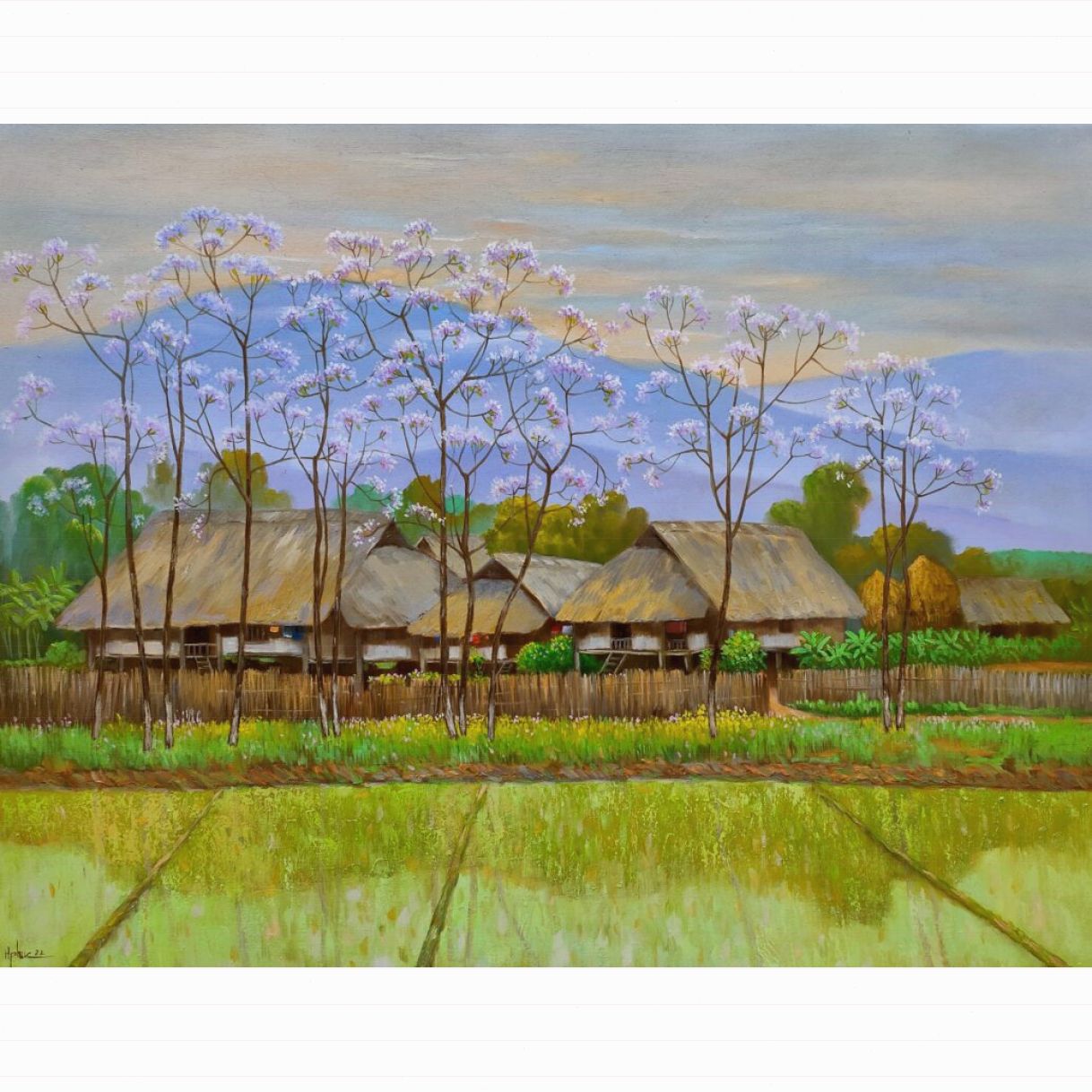 Tranh Sơn Dầu Phong Cảnh Tháng 3 Làng Là 70x90cm Chất Lượng Cao 