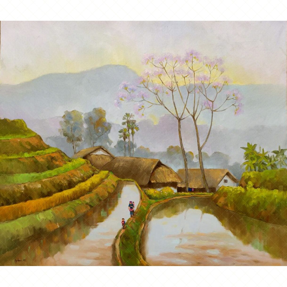 Tranh phong cảnh sớm tháng 3 sơn dầu kích thước 80x70cm 