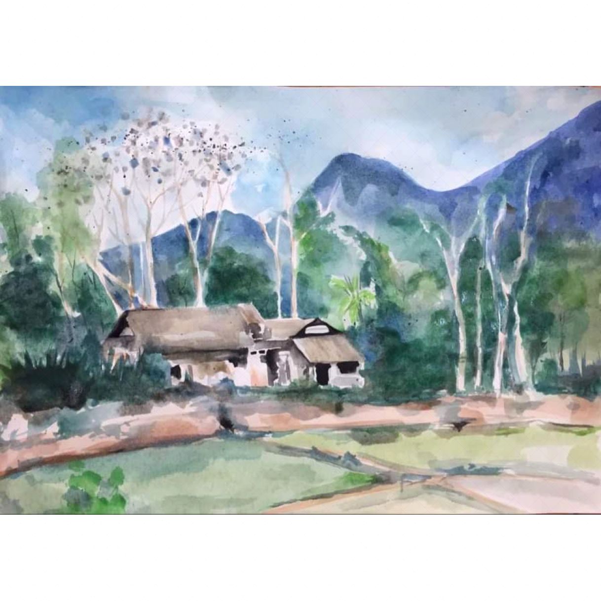 Tranh Phong Cảnh Vùng Cao Màu Nước Có Khung Gỗ Kính Chất Lượng 