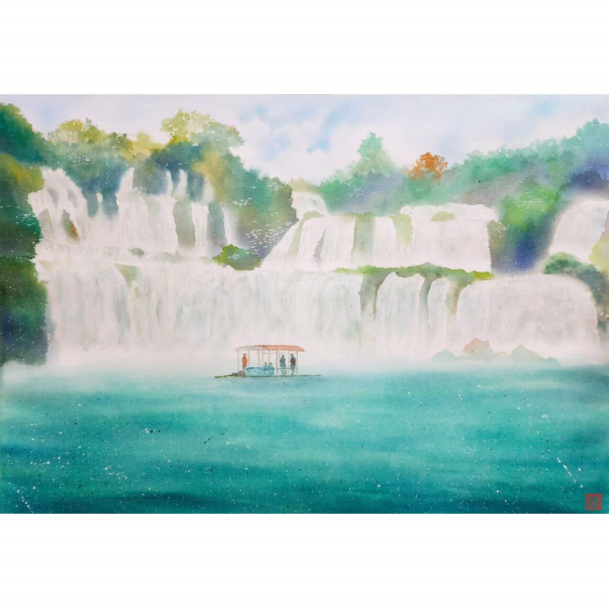 Tranh Phong Cảnh Vùng Cao Thác Bản Giốc màu nước trên giấy BaoHong 65x90cm 