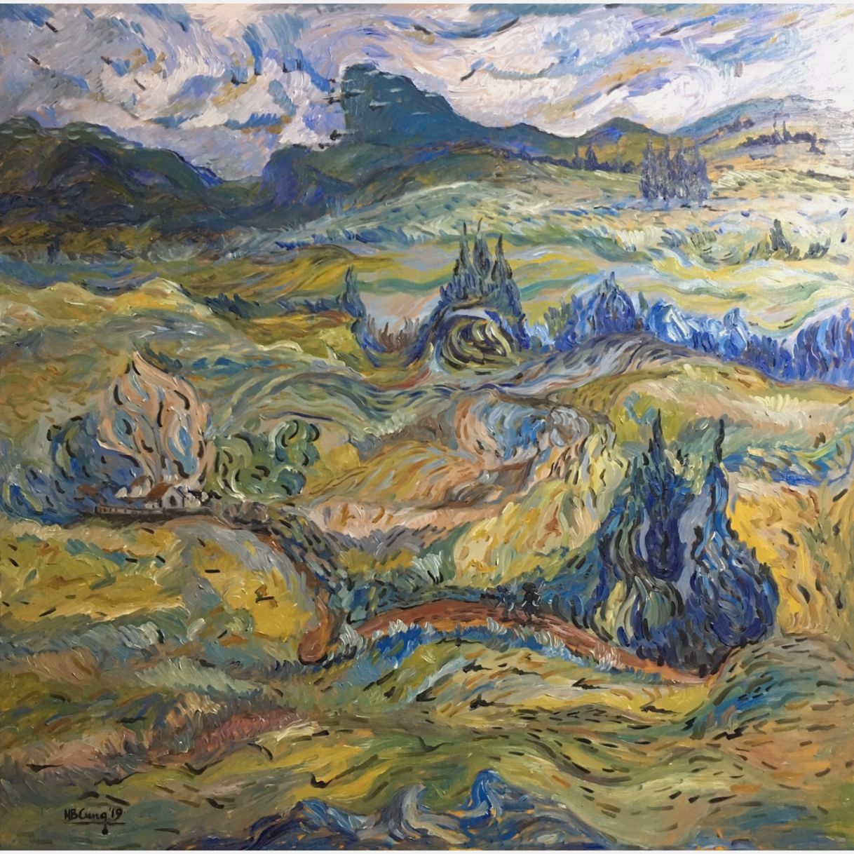 Tranh Nghệ Thuật Bản Tày Tây Bắc Oil On Canvas 81x81cm Độc Đáo 