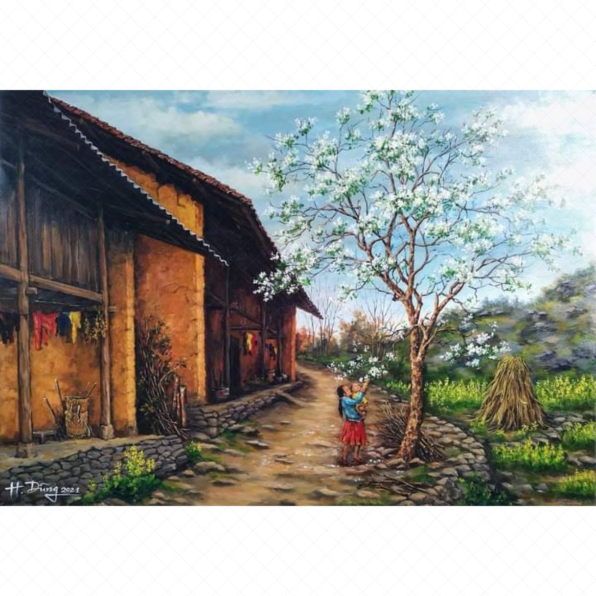 Tranh Phong Cảnh Cành Xuân Acrylic Toan Hàn Quốc 70x100cm Đẹp 