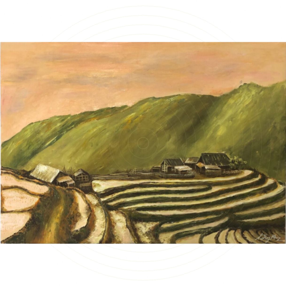 Tranh phong cảnh bình yên vùng cao acrylic 50x70cm 2021 