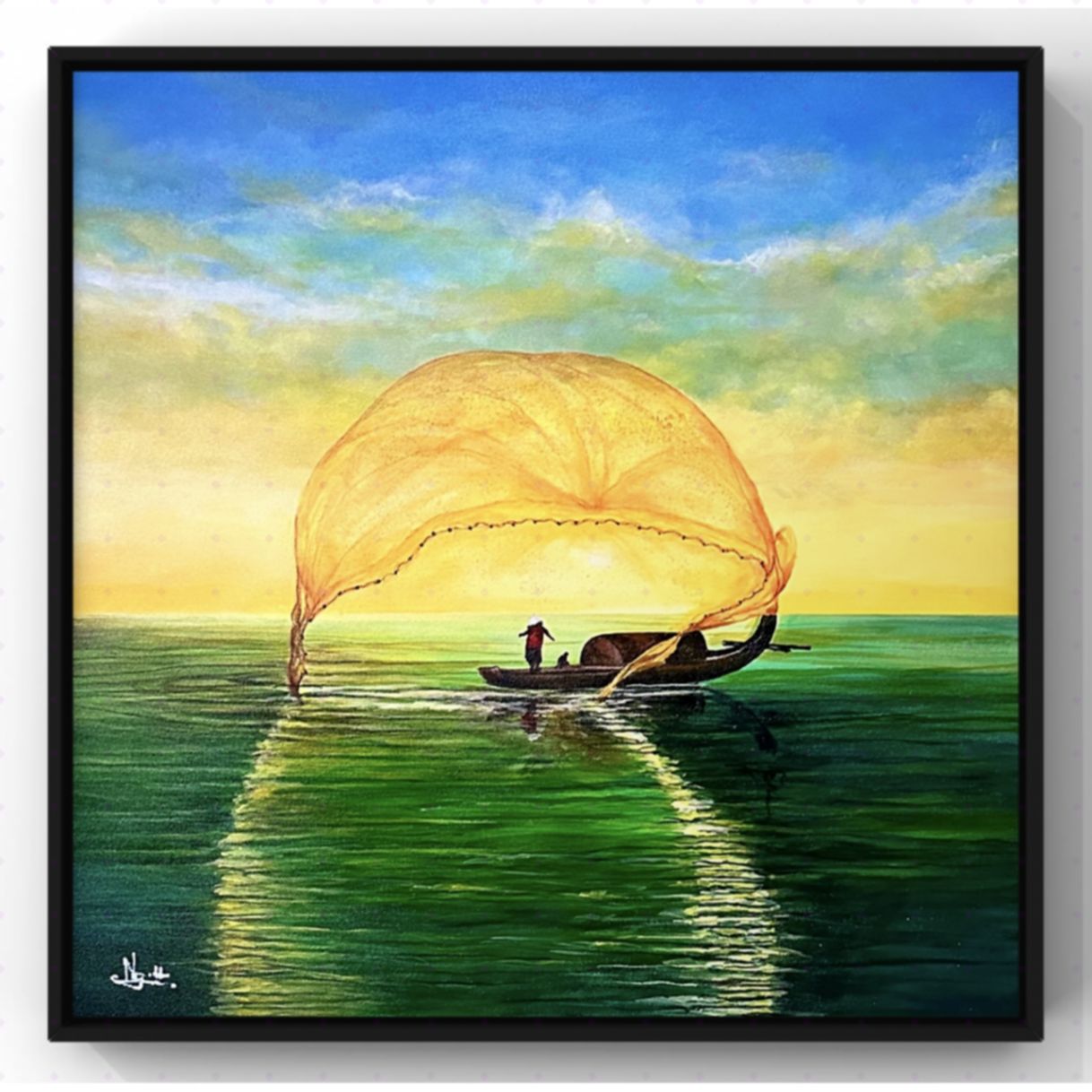 Tranh Phong Cảnh Biển Quăng Lưới Trên Sông Acrylic 50x50cm 
