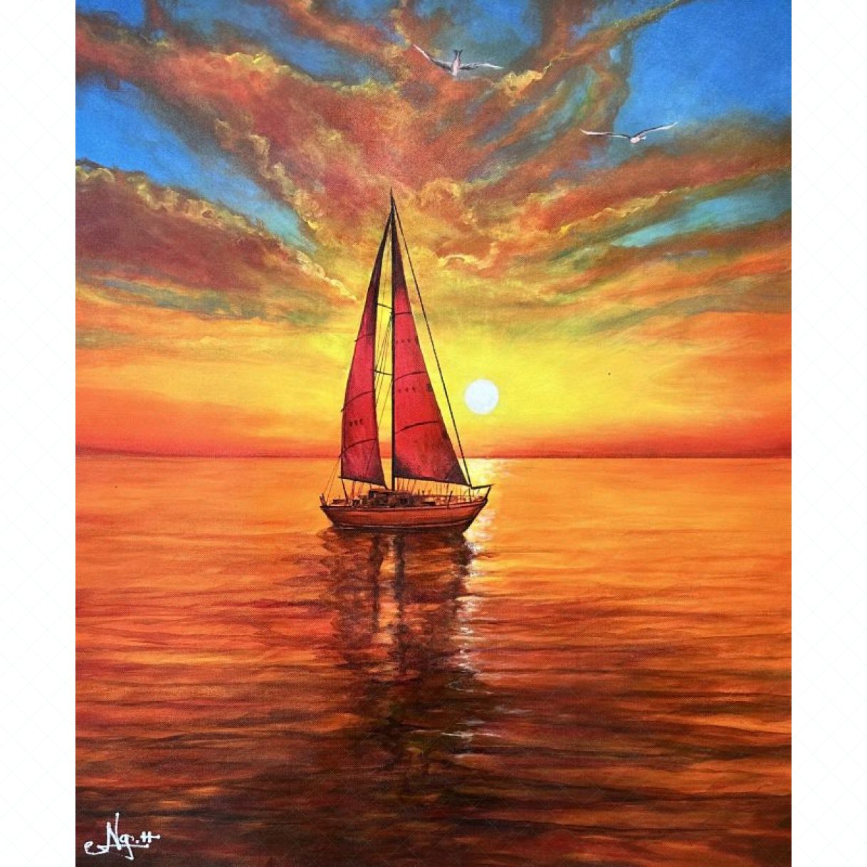Tranh Phong Cảnh Biển Hoàng Hôn Acrylic 60x50cm Độc Bản 