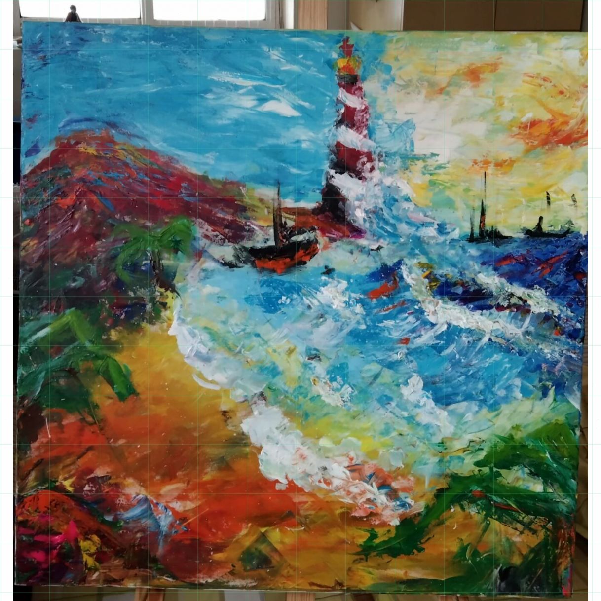 Tranh Phong Cảnh Hoàng Hôn Trên Biển Acrylic 70x70cm Độc Bản Sang Trọng 