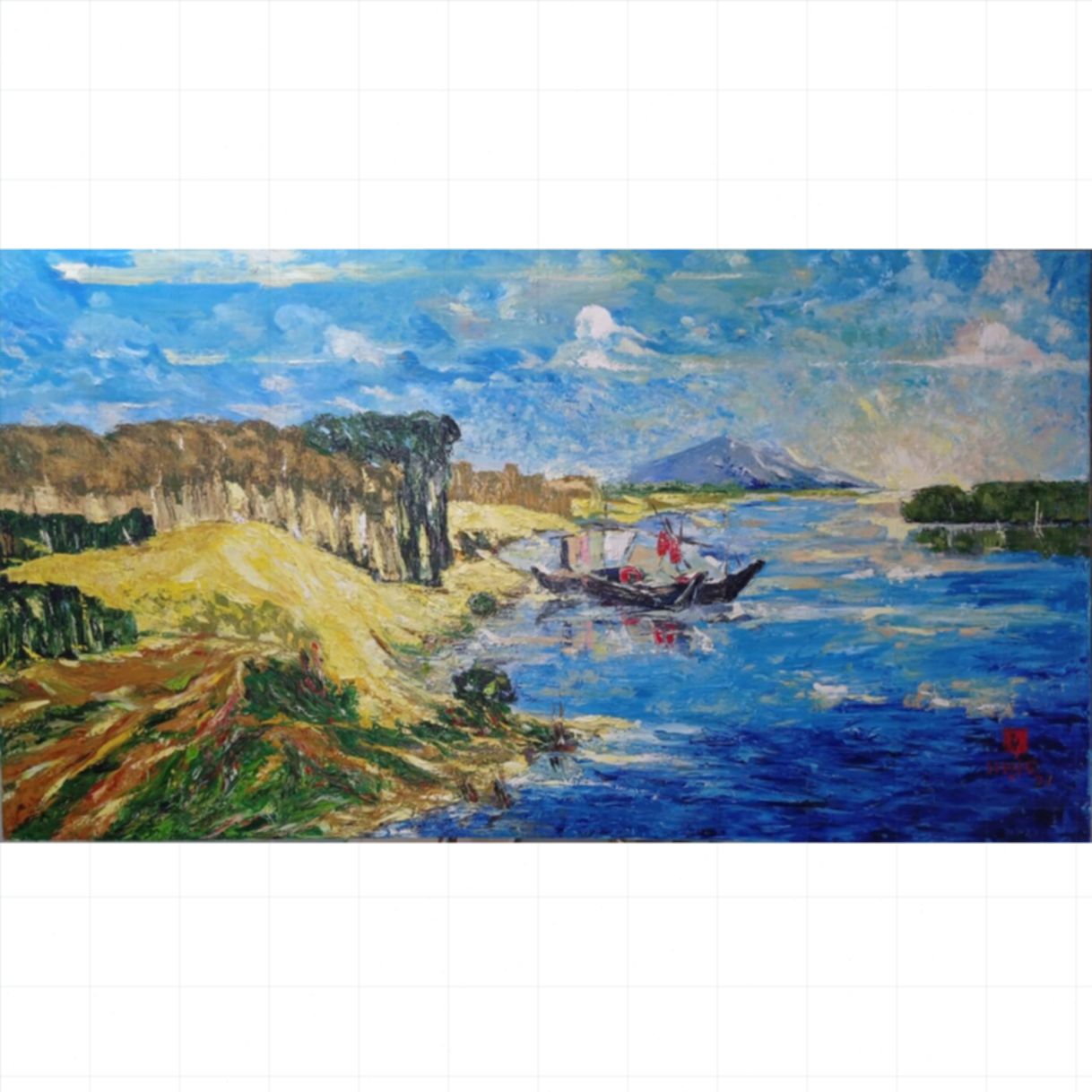 Tranh Sơn Dầu Bình Minh Trên Sông Quê Kích Thước Lớn 135x250cm 