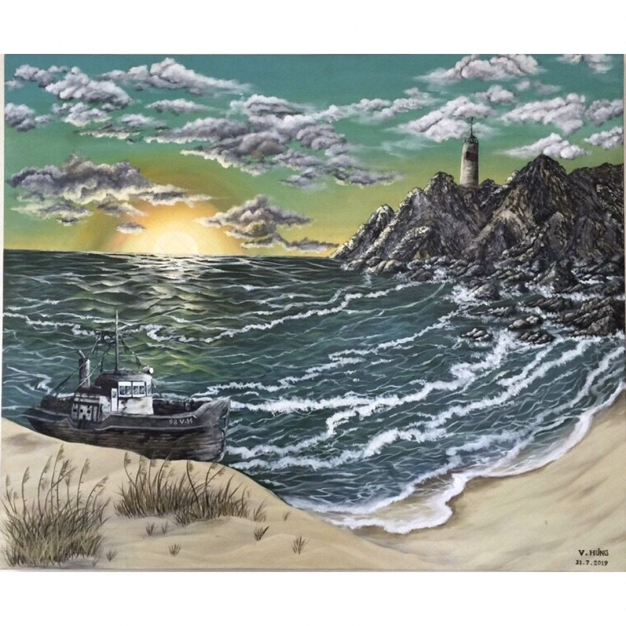 Tranh Phong Cảnh Biển Bình Minh Acrylic 100x120cm Độc Bản Chất Lượng 