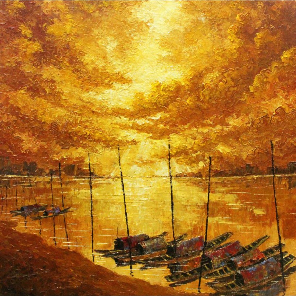 Tranh Phong Cảnh Biển Chiều Trên Bến Sông Acrylic 60x60cm Đẹp 
