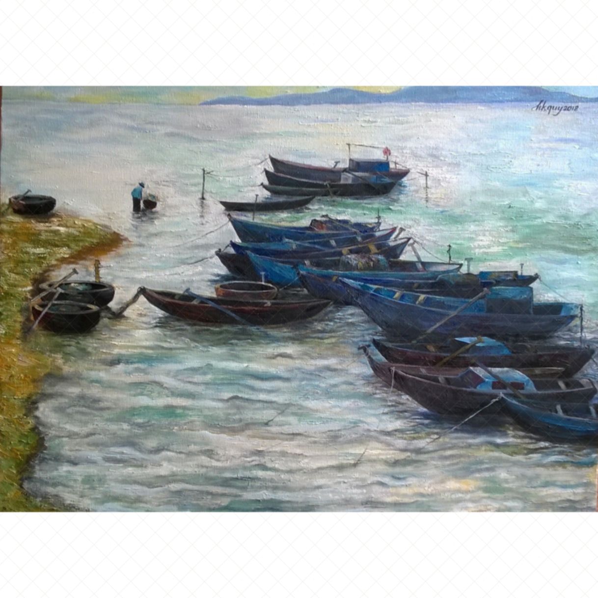Tranh Phong Cảnh Bến Thuyền Câu Nha Trang Sơn Dầu 60x80cm Có Giấy Phép 