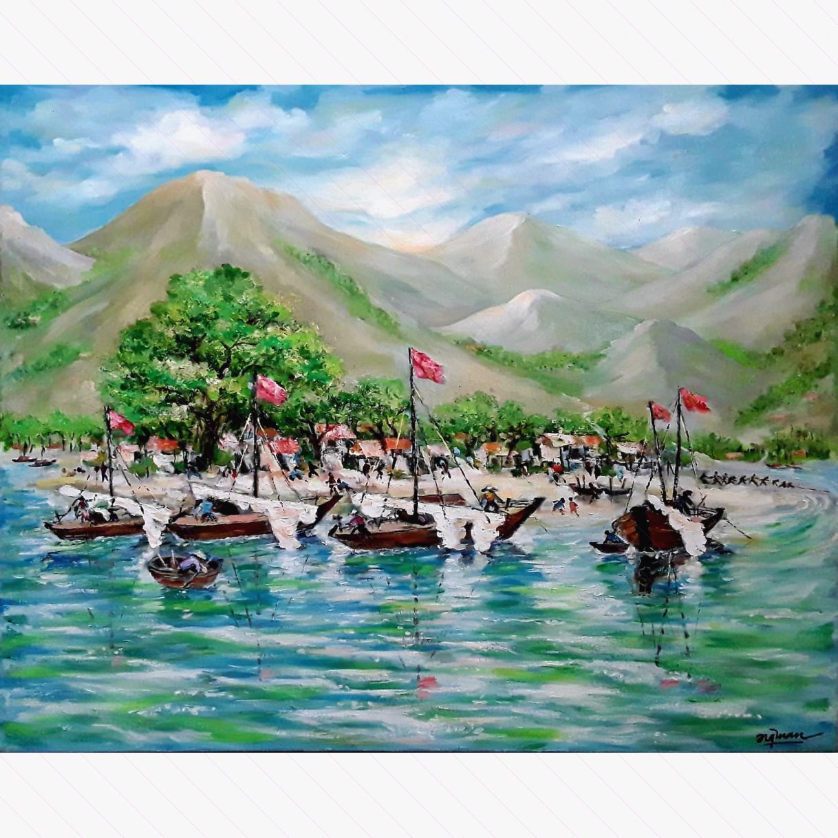 Tranh phong cảnh thuyền và bến sơn dầu trên toan 80x100cm tranh họa sĩ 