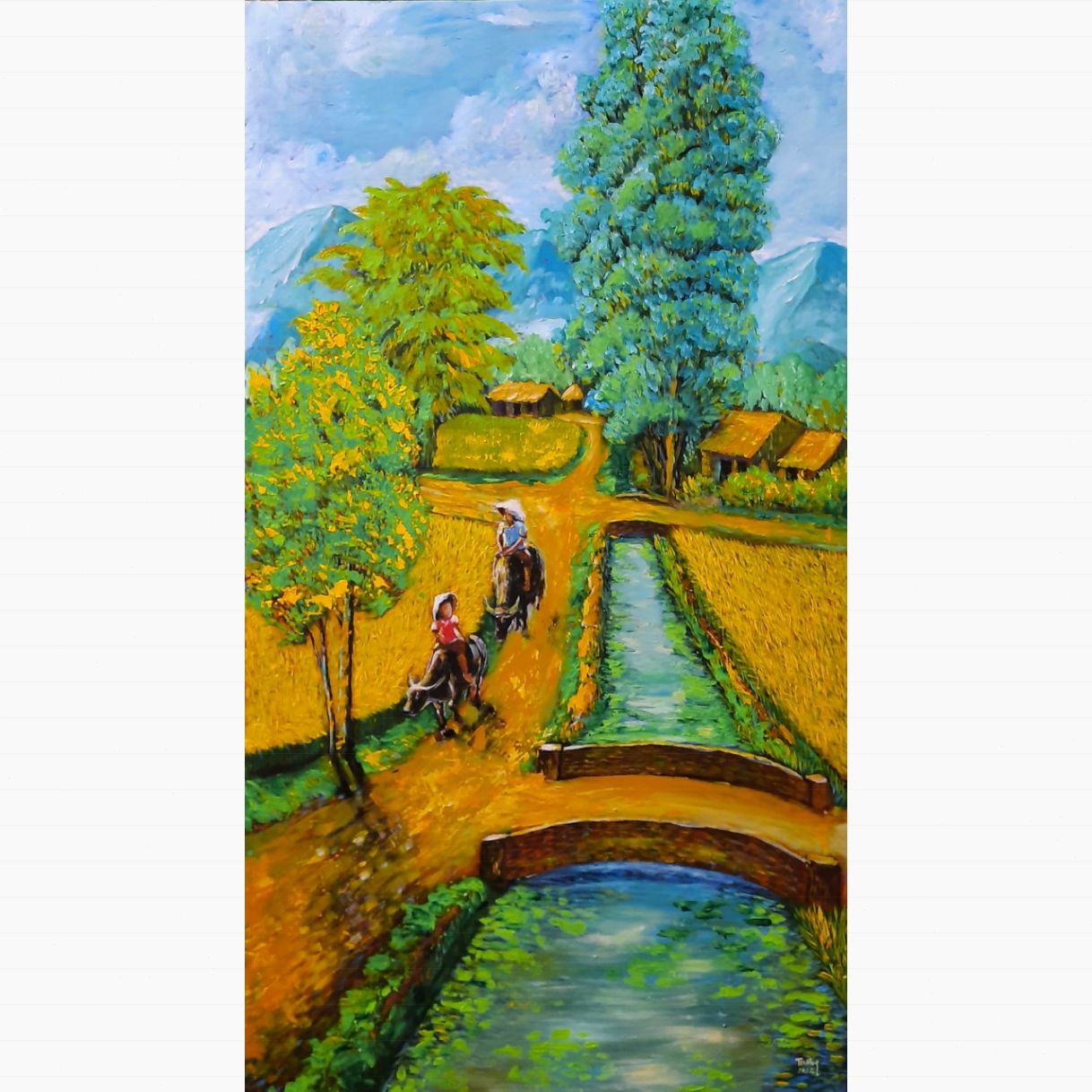 Tranh phong cảnh đồng quê yên bình acrylic 70x120cm tranh họa sĩ độc bản 