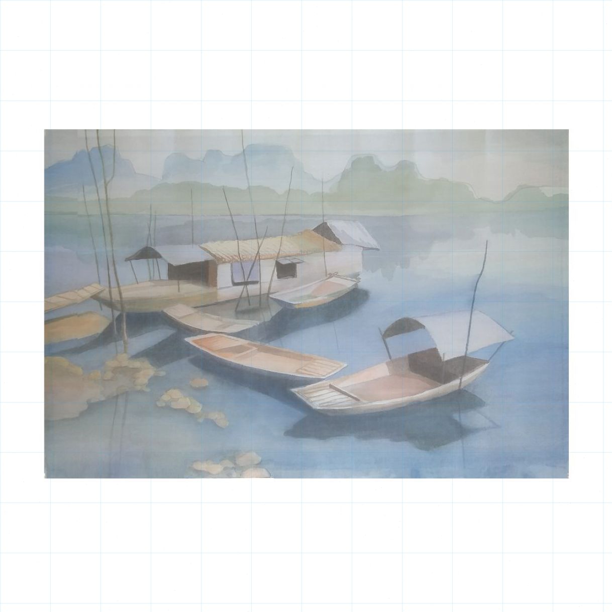 Tranh Phong Cảnh Đồng Quê Xóm Thuyền Chài Lụa 60x90cm 