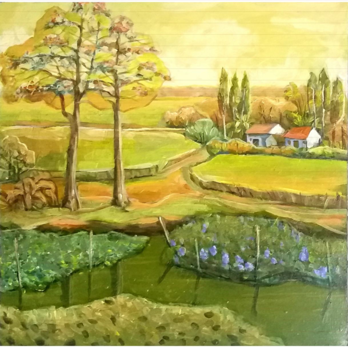 Tranh Phong Cảnh Đồng Quê Nhà Ngoại Acrylic Vuông 50x50cm 