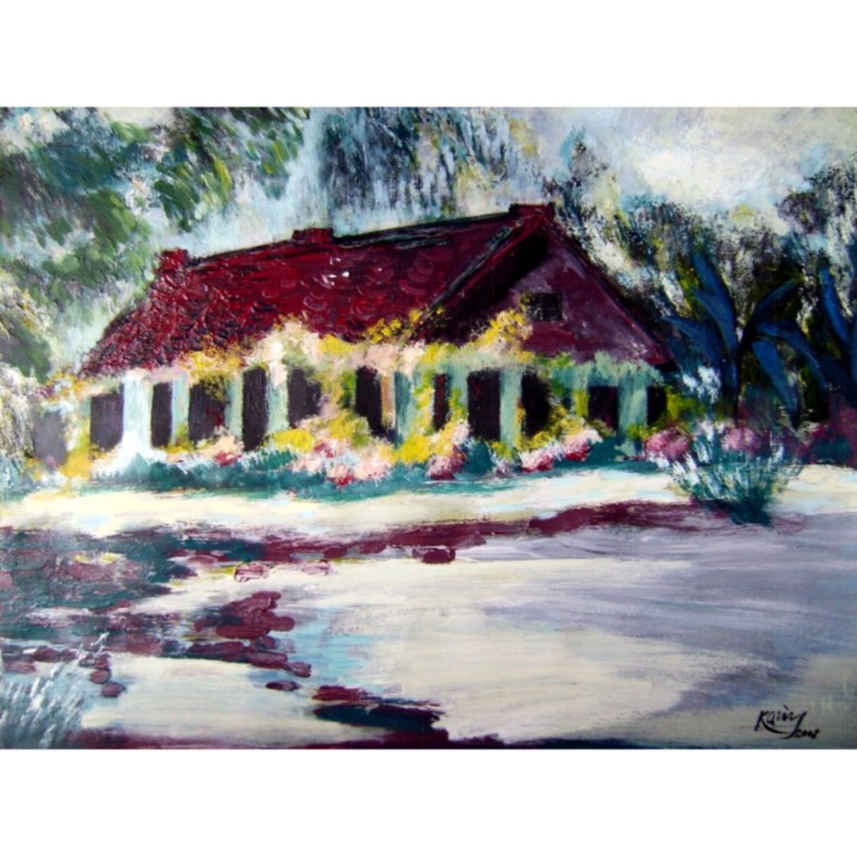Tranh phong cảnh đồng quê mái nhà xưa acrylic canvas đẹp 