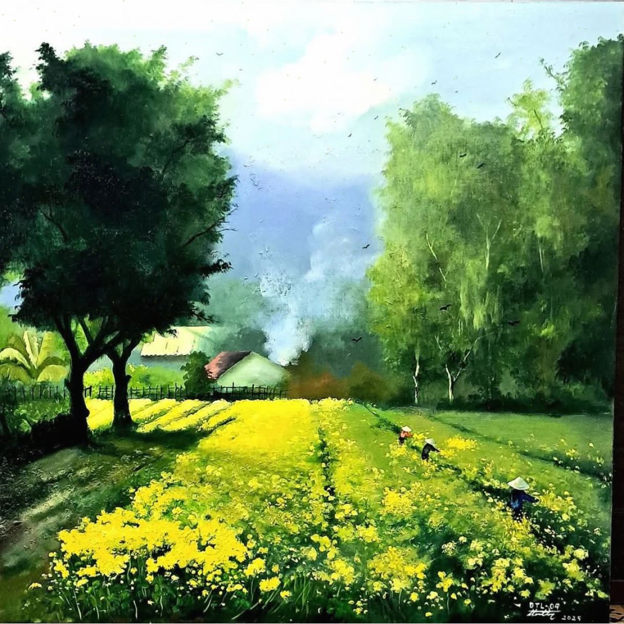 Tranh Phong Cảnh Đồng Quê Vườn Cúc Sơn Dầu 120x120cm 