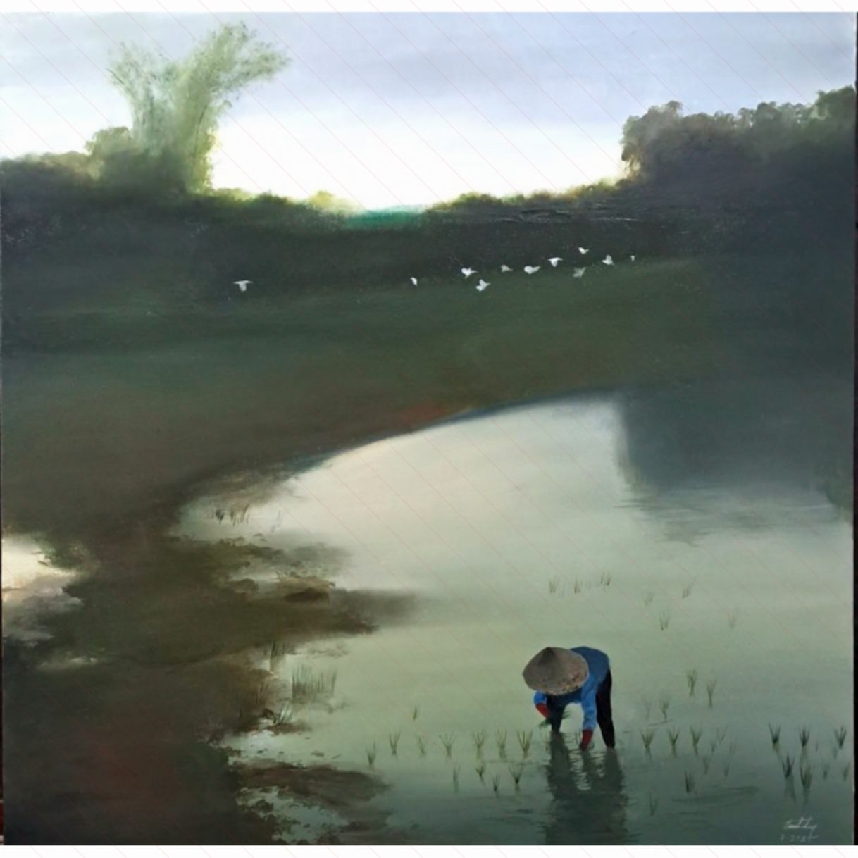 Tranh phong cảnh đồng quê gieo lúa ngày mới sơn dầu 120x120cm 