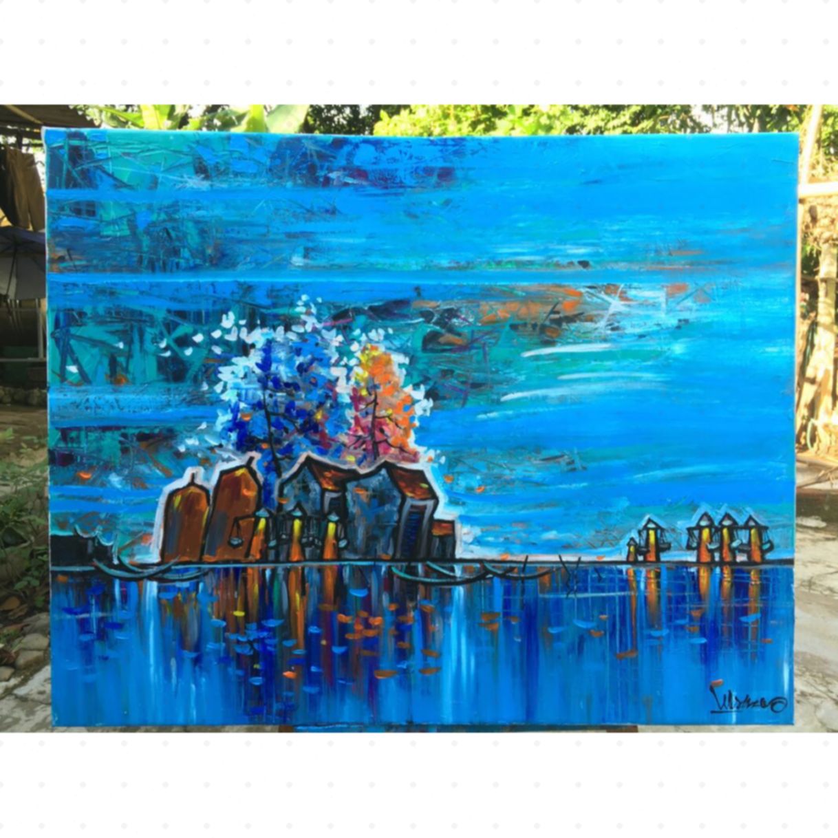 Tranh phong cảnh đồng quê Quang gánh mẹ acrylic 80x100cm 