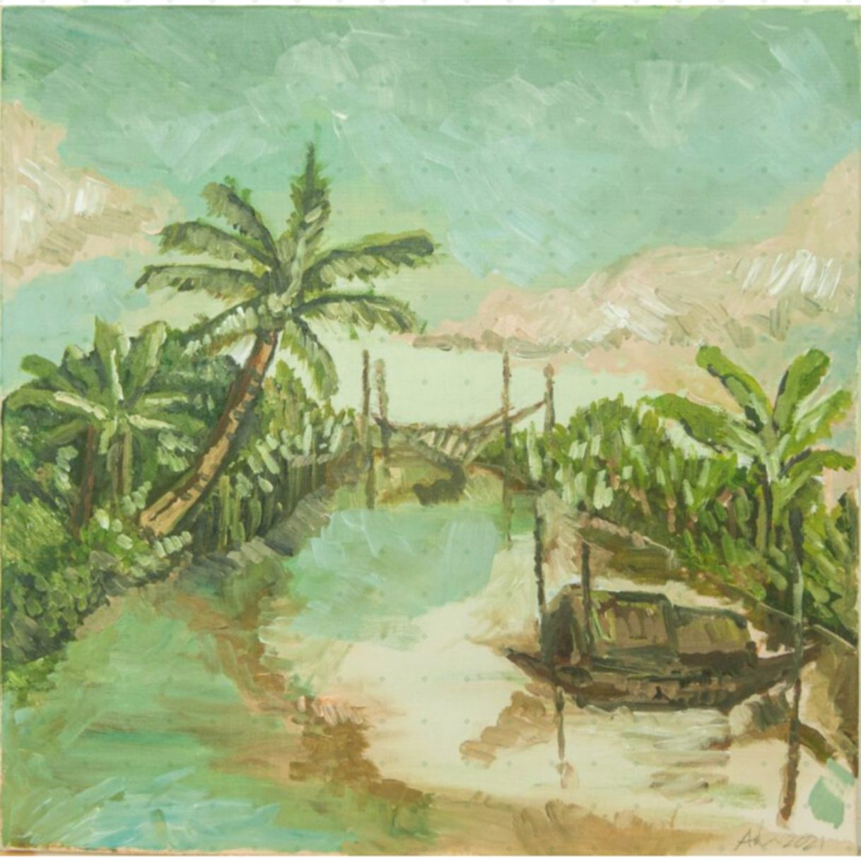 Tranh Phong Cảnh Đồng Quê Quê Nội Acrylic trên toan 40x40cm nhỏ xinh 