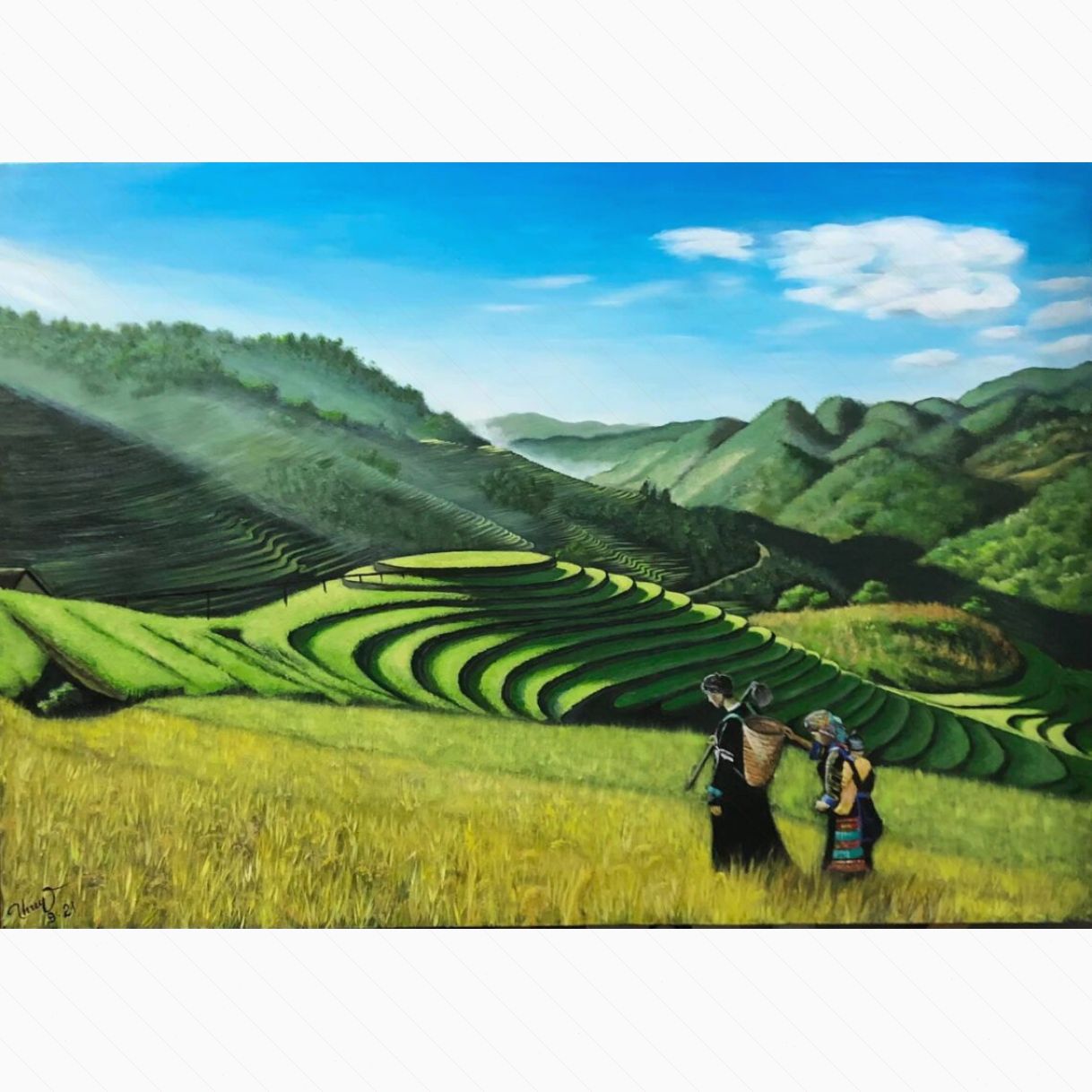 Tranh Phong Cảnh Đồng Quê Lên Nương Acrylic Canvas Có Giấy 
