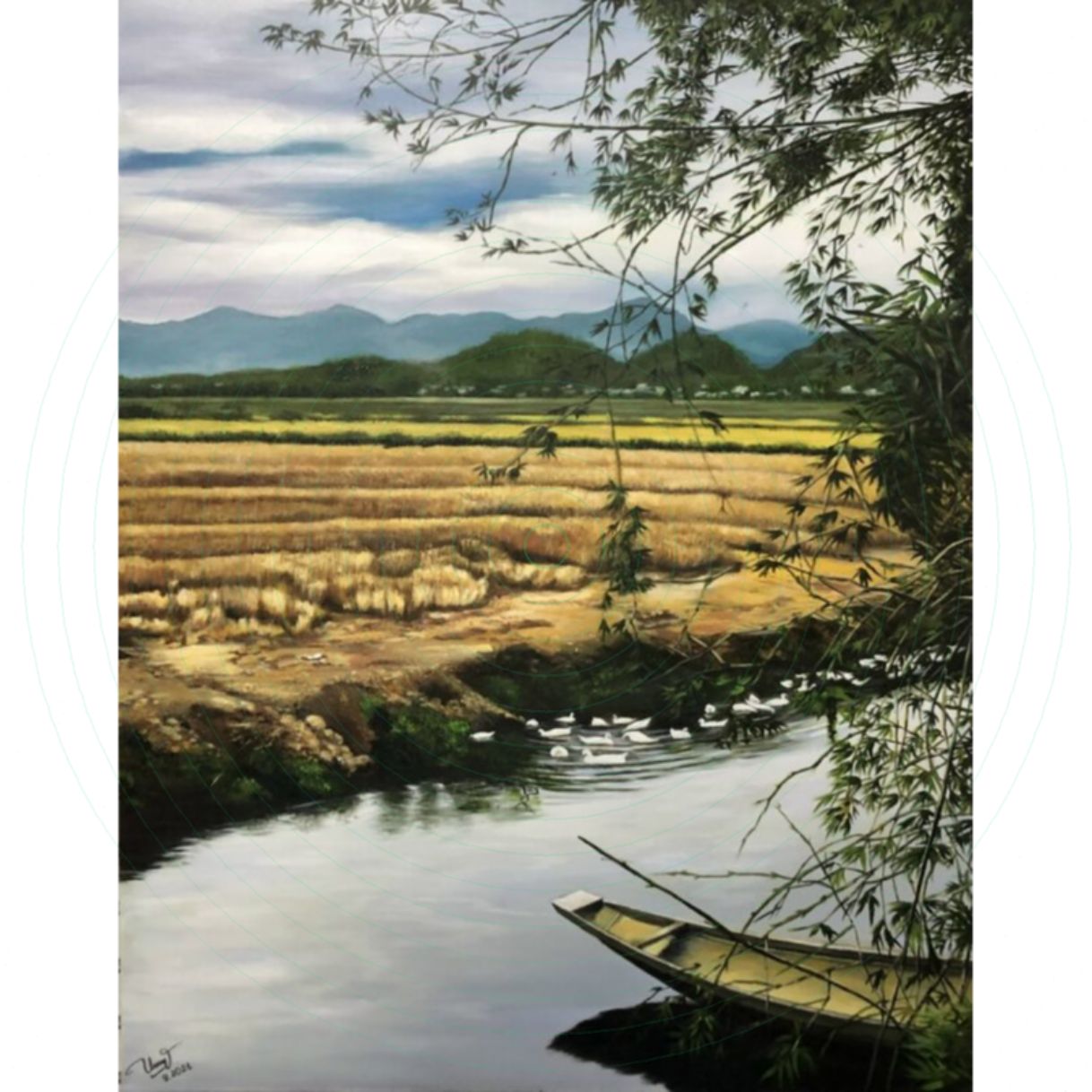 Tranh Phong Cảnh Đồng Quê Hương Đồng Acrylic 70x90cm Có Giấy 
