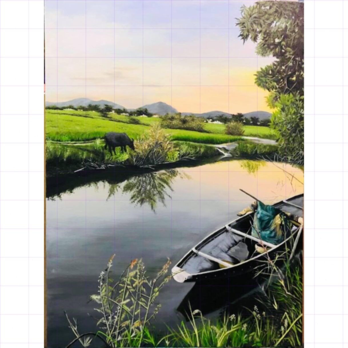 Tranh Phong Cảnh Đồng Quê Góc Sông Quê Acrylic Có Chứng Nhận 