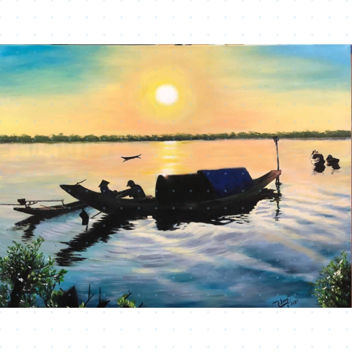 Tranh Phong Cảnh Đồng Quê Bình Minh Làng Chài Acrylic Canvas 