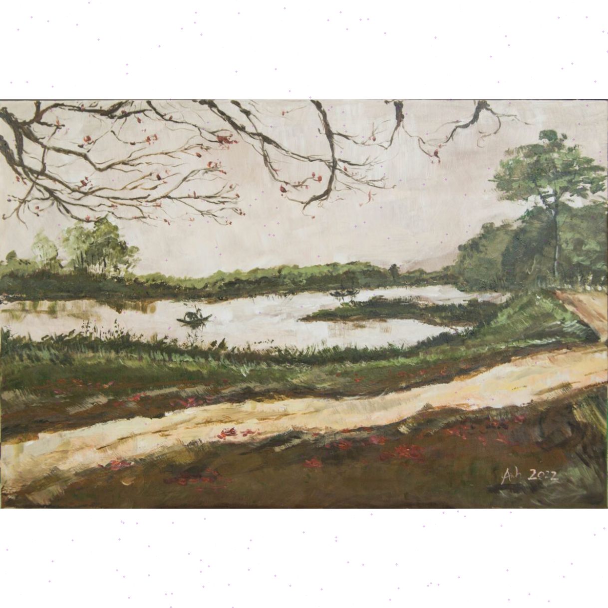 Tranh Phong Cảnh Mùa Hoa Gạo Rụng Acrylic Canvas 40x60cm Đẹp 