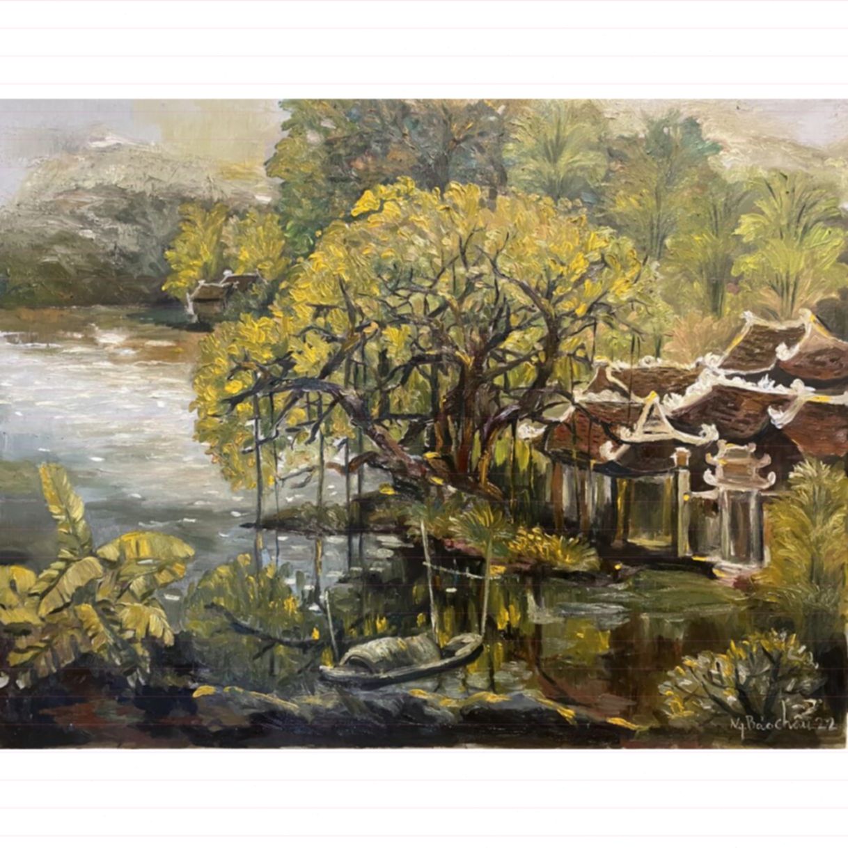 Tranh Sơn Dầu Về Làng 70x90cm Độc Bản Khung Gỗ Sồi Cao Cấp 