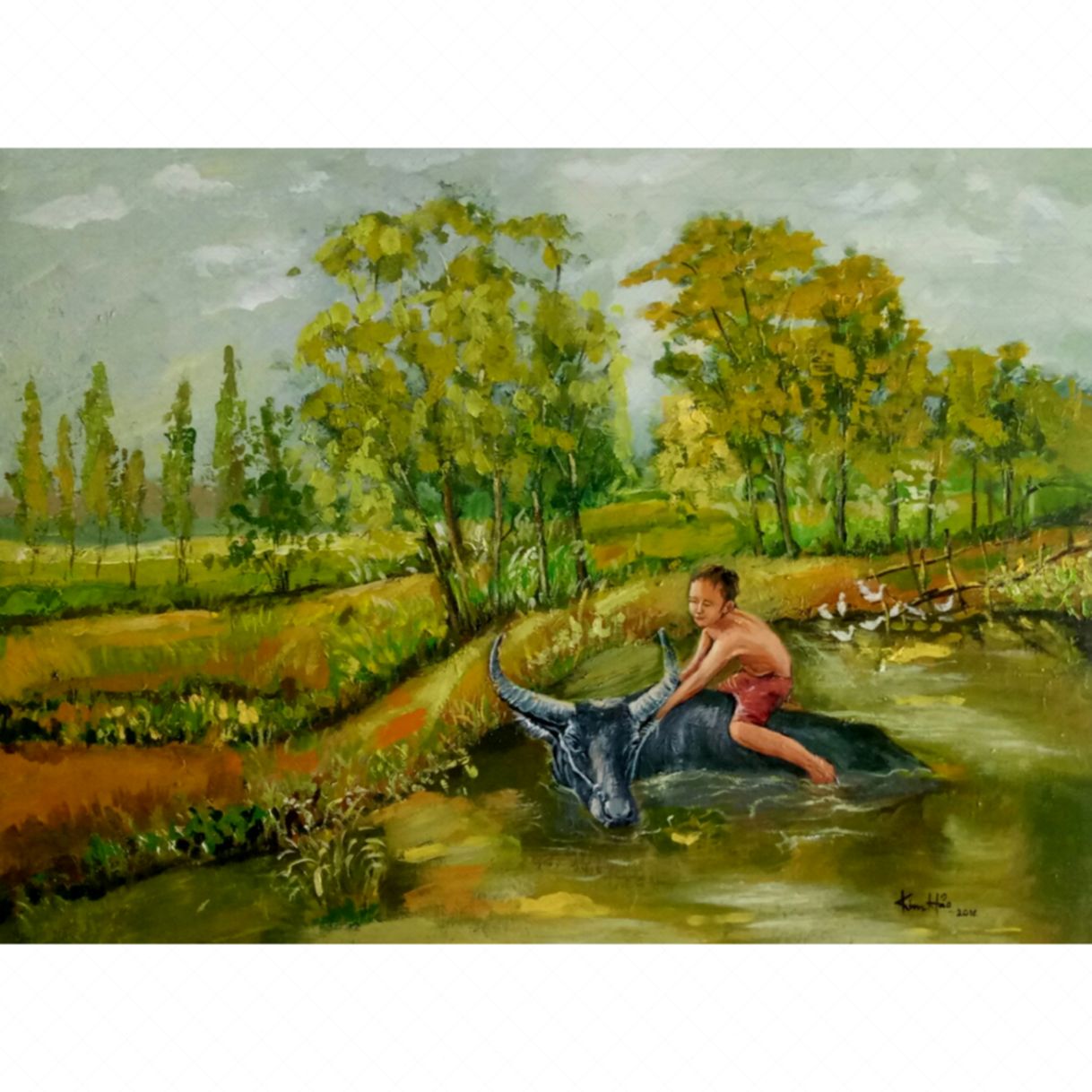 Tranh Sơn Dầu Khúc Sông Quê Acrylic 60x80cm Tranh Độc Bản 