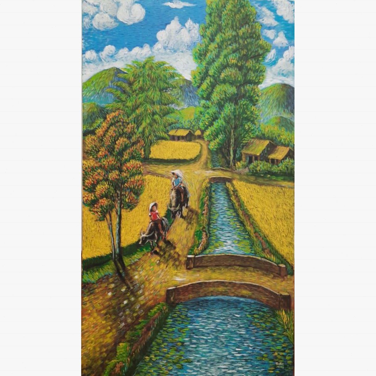 Tranh phong cảnh đồng quê nắng ấm quê hương acrylic 