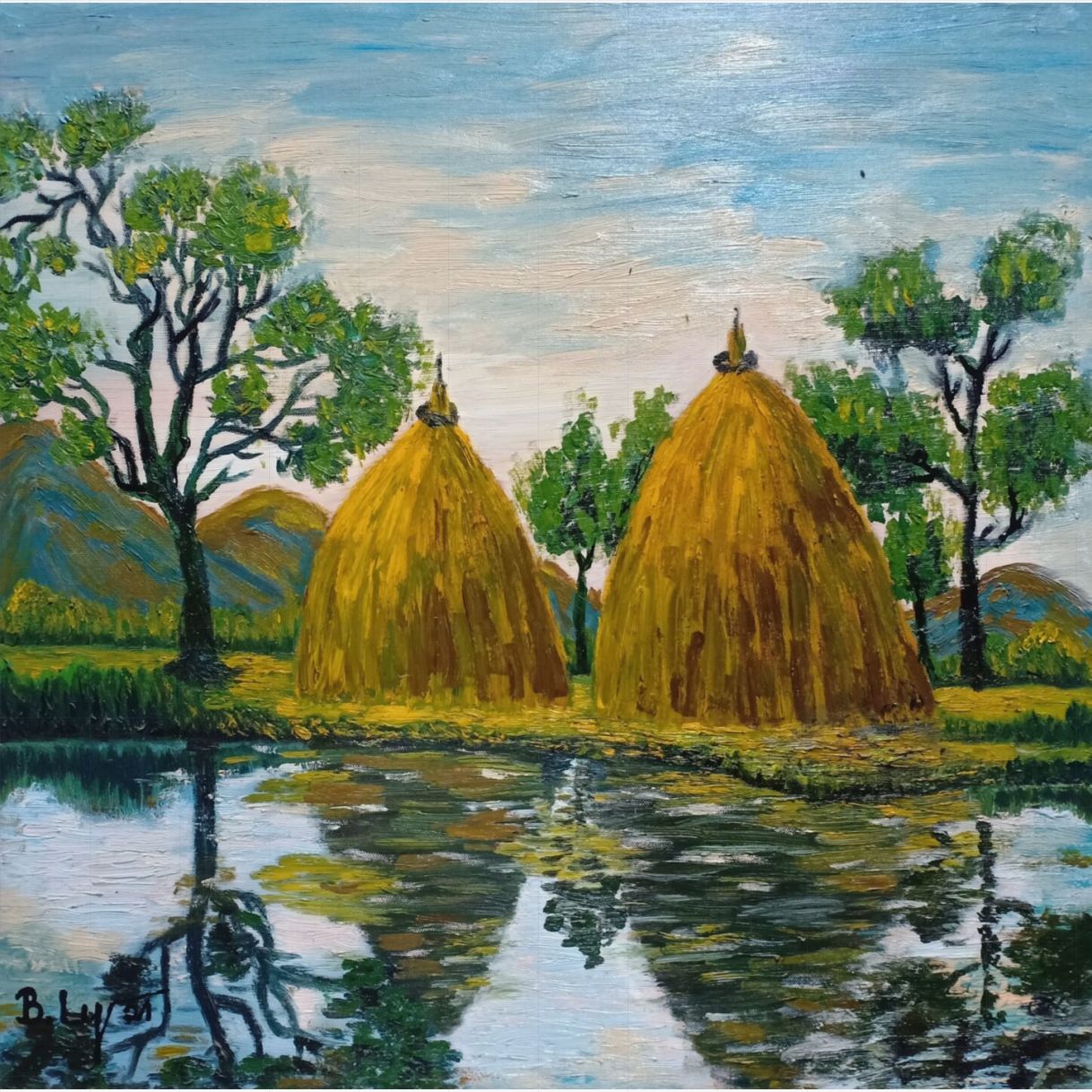Tranh Sơn Dầu Phong Cảnh Chiều Quê 50x50cm Độc Bản Thu Hút 