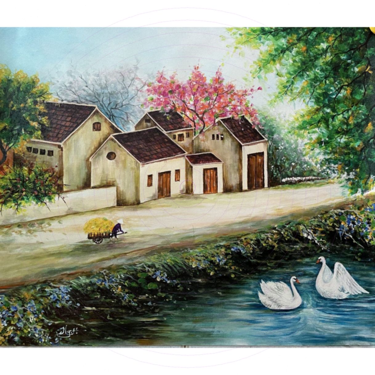 Tranh Phong Cảnh Làng Quê Acrylic Độc Bản Kích Thước Nhỏ 
