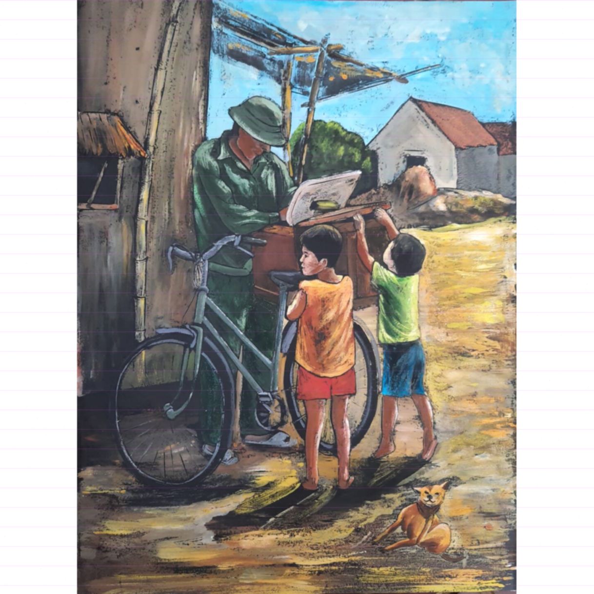 Tranh Phong Cảnh Đồng Quê Ký Ức Nắng Trưa Khắc Gỗ 45x60cm 