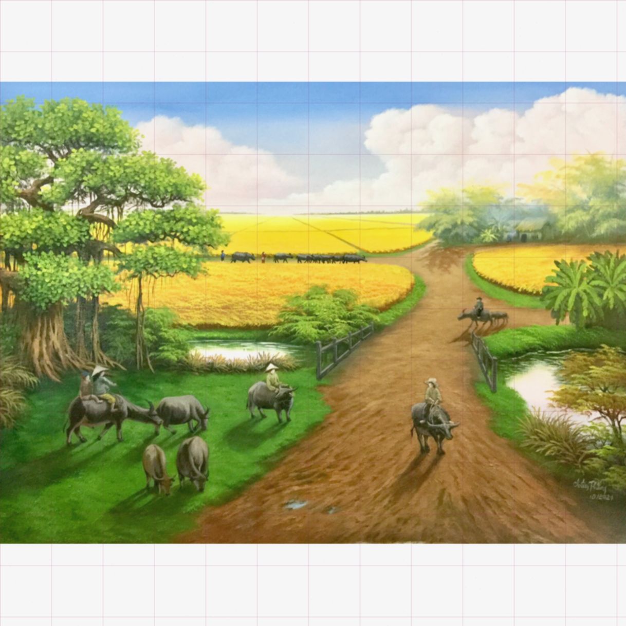 Tranh Phong Cảnh Đồng Quê Khói Chiều Acrylic 85x60cm Sang Trọng 