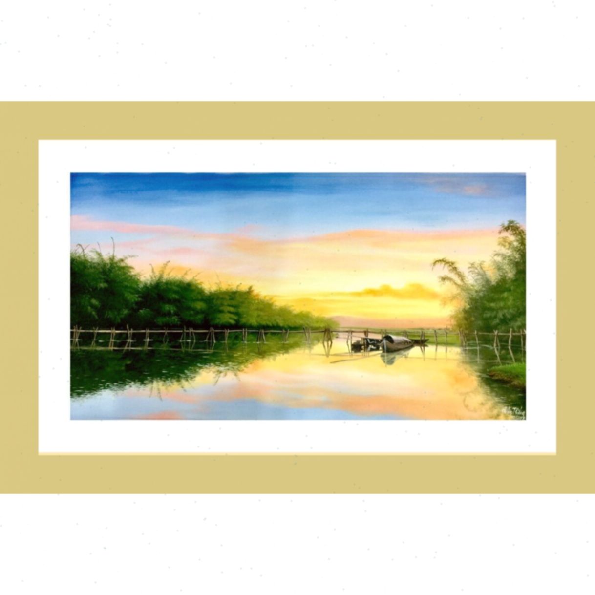 Tranh Phong Cảnh Đồng Quê Neo Đậu Bến Quê Sơn Acrylic 