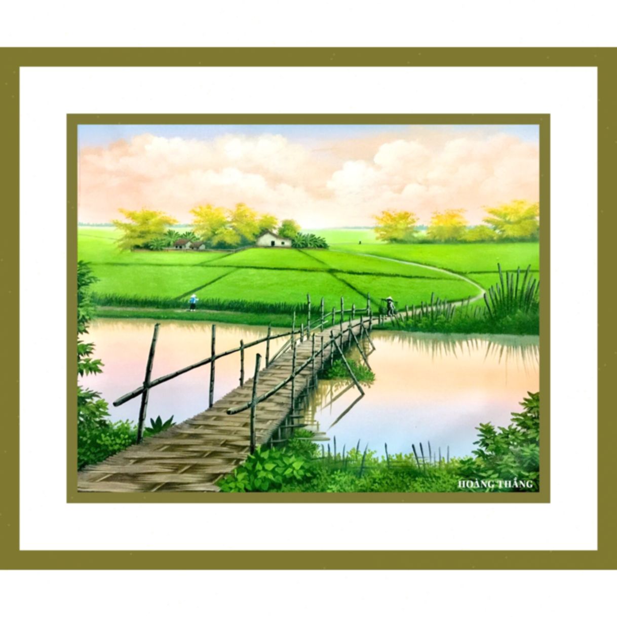 Tranh Phong Cảnh Đồng Quê Cầu Tre Acrylic 55x66cm 