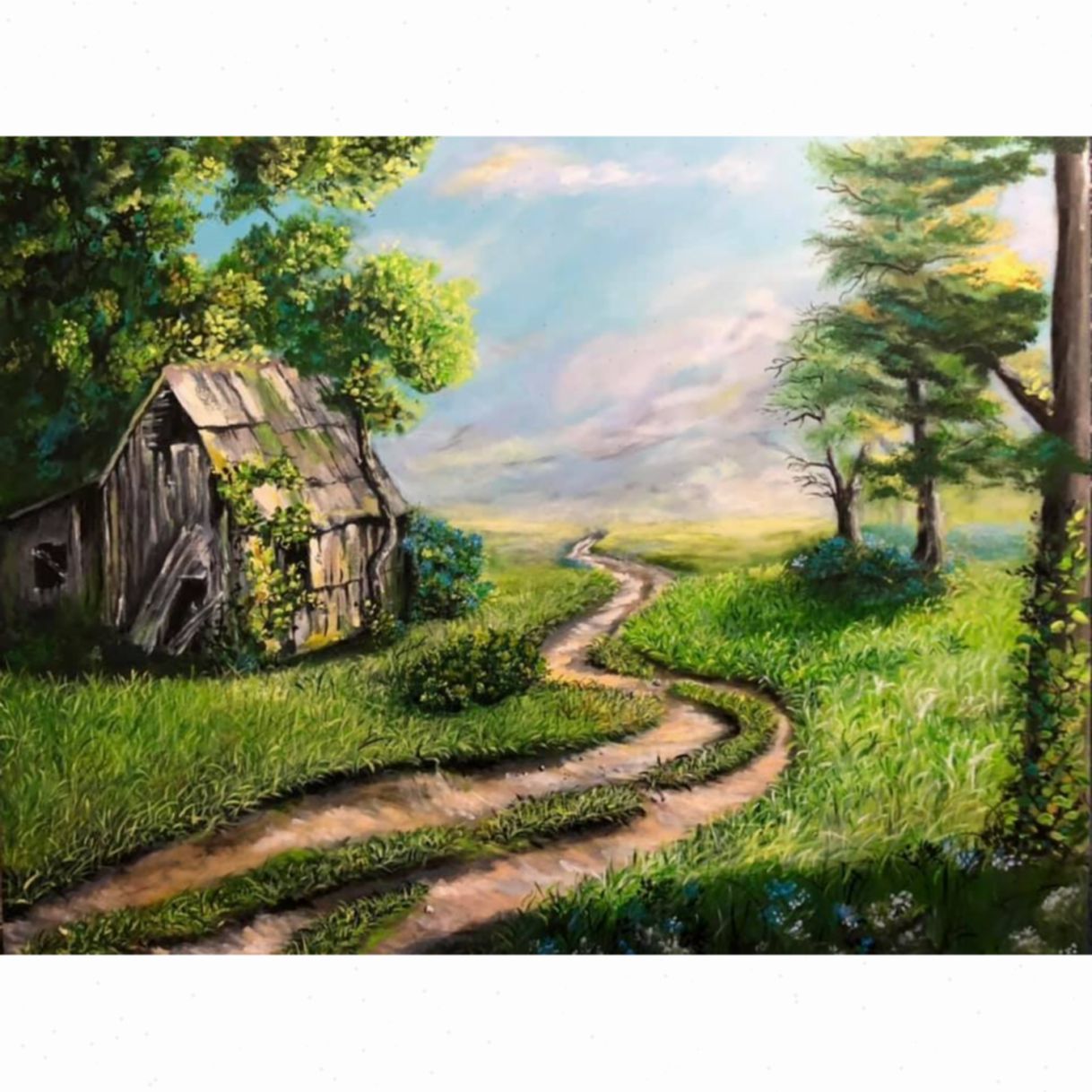 Tranh Phong Cảnh Con Đường Màu Xanh Acrylic Toan 70x90cm Đẹp 