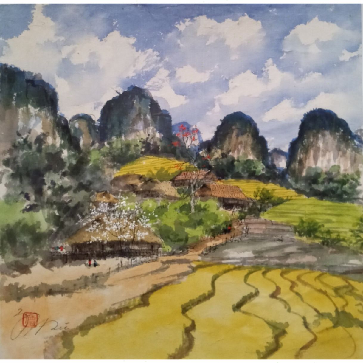 Tranh Phong Cảnh Đồng Quê Mộc Châu Giấy Dó Có Khung 