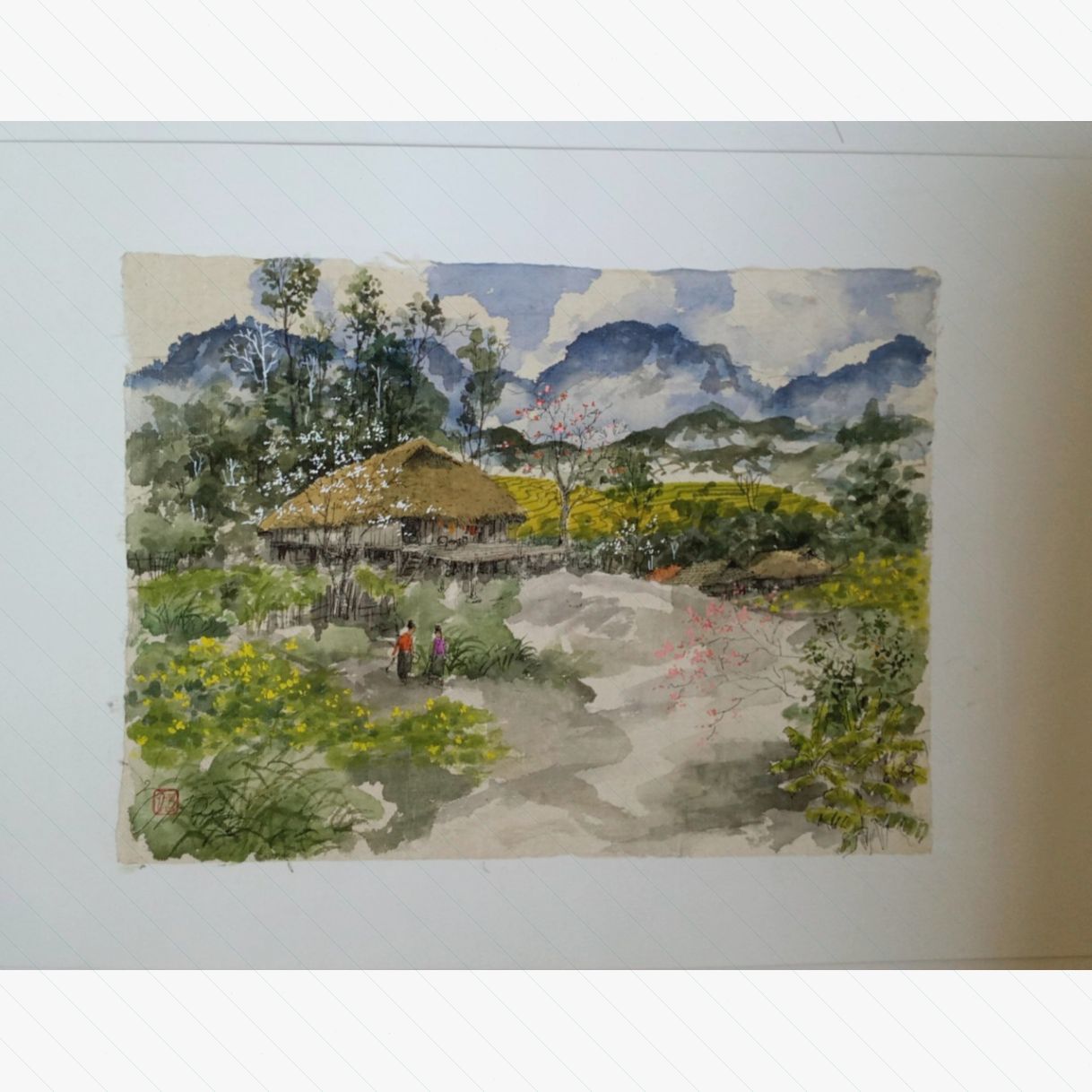Tranh phong cảnh đồng quê miền núi tây bắc giấy dó 